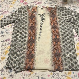 Old Navy top, sheer, size Small, cream background w/navy, coral & green.